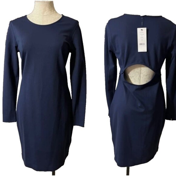 DKNY Dress 8 Maritime Navy Blue Stretch Sheath Open Back Long Sleeve NWT $159 - Picture 1 of 6